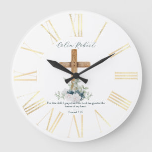 Grande Horloge Ronde Croix en bois Fleurs blanches et bleues Verset bib