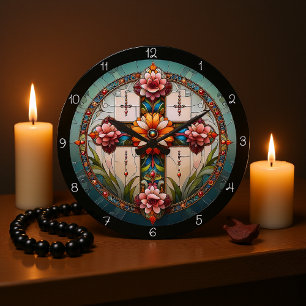 Grande Horloge Ronde Croix florale en verre tendu