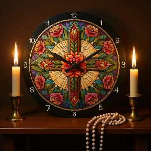 Grande Horloge Ronde Croix rose en verre