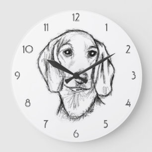 Grande Horloge Ronde croquis de teckel dessiné à la main en noir et bla