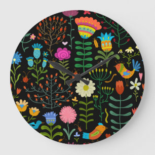 Grande Horloge Ronde Croquis floral, motif artistique sans couture.