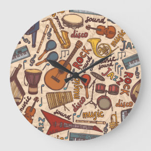 Grande Horloge Ronde Croquis Musical : Colorful Vintage sans couture.