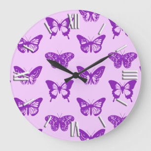 Grande Horloge Ronde Croquis papillon, rose orchidée et violet