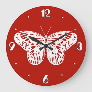 Grande Horloge Ronde Croquis papillon, rouge et blanc foncé