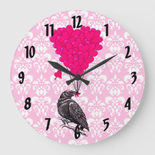 Grande Horloge Ronde Crow & coeur sur damas rose