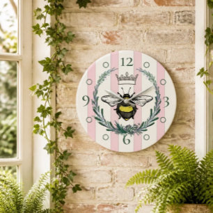 Grande Horloge Ronde Crown Bee Cadran mural rayé rose et blanc