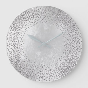 Grande Horloge Ronde Crystals Confetti Glitter Grey Glass Silver Gray