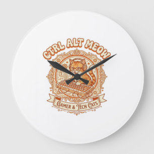 Grande Horloge Ronde Ctrl Alt Meow Chat Gamer Tech Vintage Vector Art S