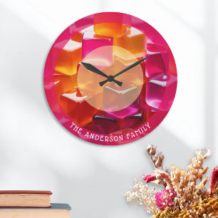 Grande Horloge Ronde Cubes de Gelée Brillants Modernes Rose Orange Pers