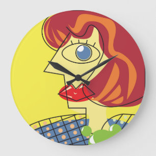 Grande Horloge Ronde Cubisme coloré : Portrait féminin Art.