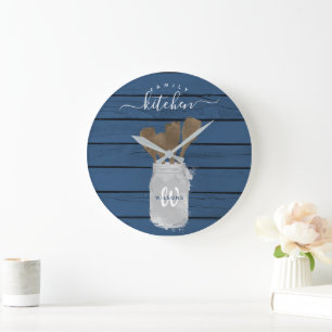 Grande Horloge Ronde Cuillère en bois bleue rustique pour la décoration