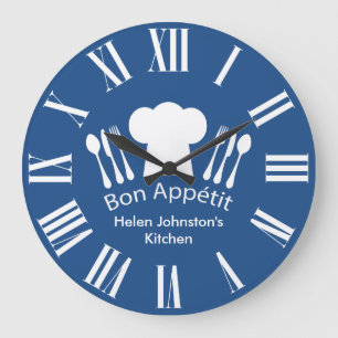 Grande Horloge Ronde Cuisine gastronomique Bon Appetit Bleu et Blanc