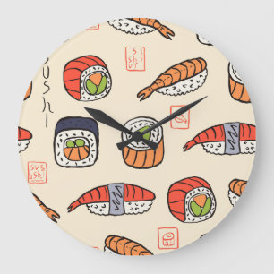 Grande Horloge Ronde Cuisine sushi, design motif sans soudure.