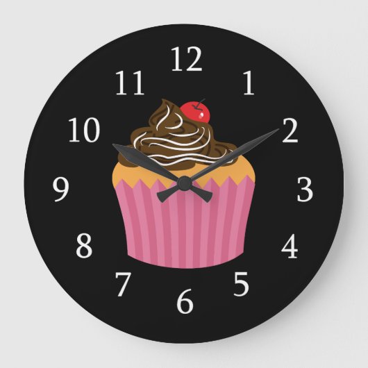 Grande Horloge Ronde Cupcake Rose Cute Sur Noir (Recto)