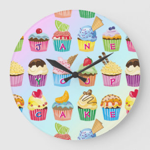 Grande Horloge Ronde Cupcakes Ajoutez Votre Nom Monogramme Gâteaux Dé