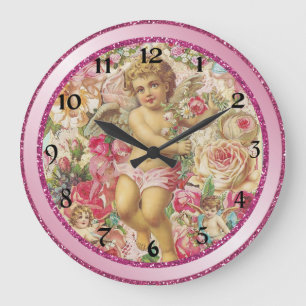 Grande Horloge Ronde Cupide victorienne et Floral Rose