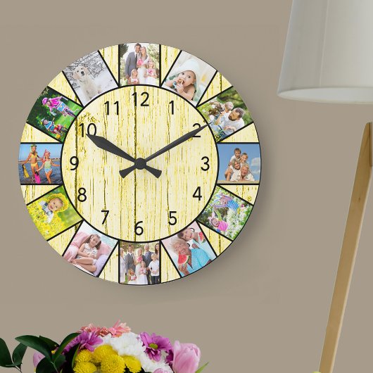 Grande Horloge Ronde Custom 12 Photo Collage Crème Rustique Bois rond