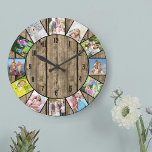 Grande Horloge Ronde Custom 12 Photo Collage Rustic Natural Wood Round<br><div class="desc">Create your own wall clock. Photo template is set up ready for you to add 12 of your favorite photos. Add your pictures working clockwise from the top and switch them around to get the look you want. This natural wood look design has black numbers and look great with both...</div>