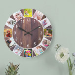 Grande Horloge Ronde Custom 12 Photo Collage Warm Wood Round<br><div class="desc">Personalized Phoclock with your own favorite photos. The Photemplate is set up ready for you to add 12 of your pictures working clockwise from the top. This chaud brown wood design has white numbers and will look great with traditional and country décor. For this design, square instagram photos will be...</div>