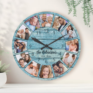Grande Horloge Ronde Custom Photo Collage Natural Wood Family Nom