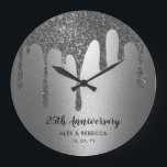 Grande Horloge Ronde Custom Text<br><div class="desc">Texte personnel Silver Drips 25th Wedding Anniversary Wall Clock</div>