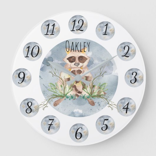 Grande Horloge Ronde Customizable Blue Raccoon Nursery Clock Large (Recto)