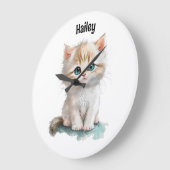 Grande Horloge Ronde Cute Aquarelle Kitten avec yeux bleus (Angle)