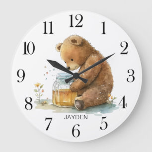 Grande Horloge Ronde Cute Aquarelle Teddy Bear Pot de miel personnalisé