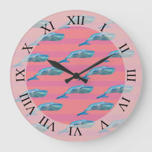 Grande Horloge Ronde Cute baleines Poisson Art rose Motif Personnalisé