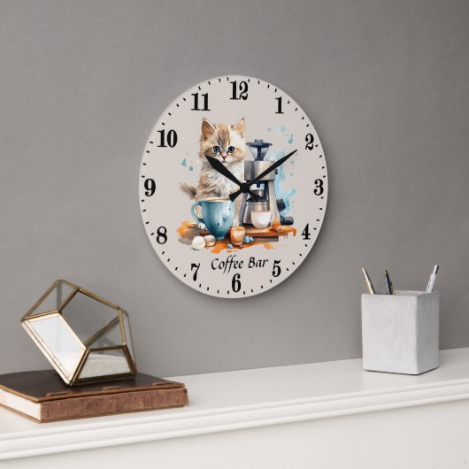 Grande Horloge Ronde Cute barre de café chat ajouter du texte (Bureau)