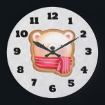 Grande Horloge Ronde Cute Bear Face Red Scarf et Rosy Cheeks Christmas<br><div class="desc">A clock with a cute and adorable bear face set on a cookie base. Wearing a red and white striped scarf. Background est silver with a random cirpattern.</div>