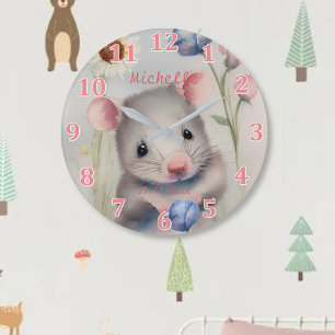 Grande Horloge Ronde Cute Bébé Souris Pastel Aquarelle Fleurs de printe