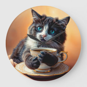 Grande Horloge Ronde Cute Bleu Oye Kitten