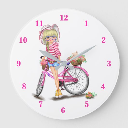 Grande Horloge Ronde Cute Blonde Girl with Pink Bike and Cat à Flowers (Recto)