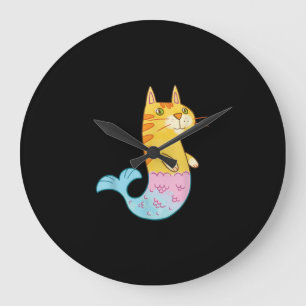 Grande Horloge Ronde Cute Cat Mermaid Poisson Nager En Mer Cadeau