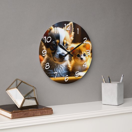 Grande Horloge Ronde Cute Chiot et Kitten (Bureau)