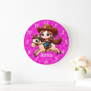 Grande Horloge Ronde Cute Cowgirl et Cheval Western Rose