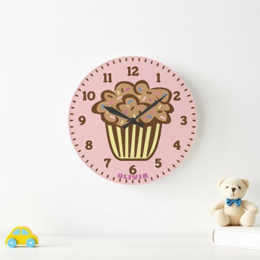 Grande Horloge Ronde Cute Cupcake with Custom Name Wall Clock