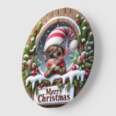 Grande Horloge Ronde Cute Elf Window Merry Christmas (Angle)