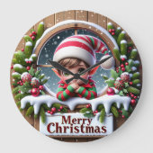 Grande Horloge Ronde Cute Elf Window Merry Christmas (Recto)