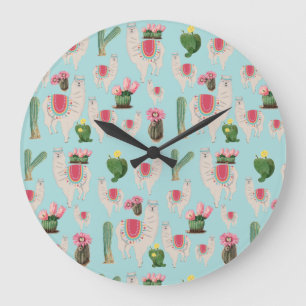 Grande Horloge Ronde Cute Fiesta Llama & Cactus Motif