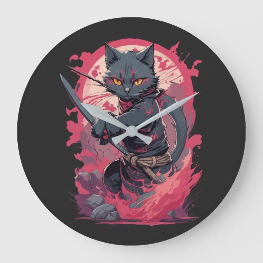 Grande Horloge Ronde Cute Fire Splash Noir Ninja Chat Guerrier (Recto)