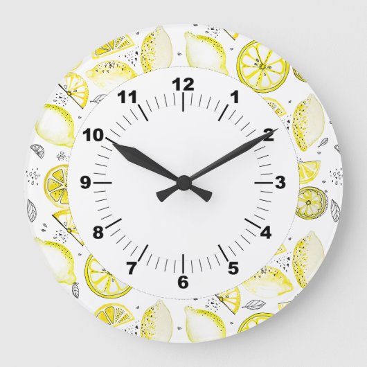 Grande Horloge Ronde Cute Fraîche Citrus Citron D'Été Doodle Jaune (Recto)