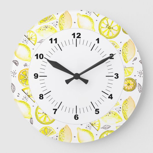 Grande Horloge Ronde Cute Fraîche Citrus Citron D'Été Doodle Jaune (Recto)