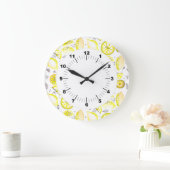 Grande Horloge Ronde Cute Fraîche Citrus Citron D'Été Doodle Jaune (Maison)