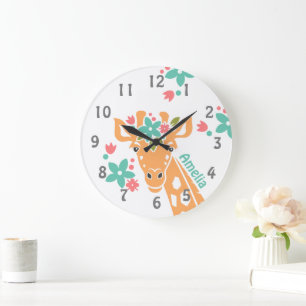 Grande Horloge Ronde Cute Giraffe avec Flower Crown Personalised
