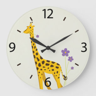 Grande Horloge Ronde Cute Giraffe Flowers