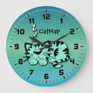 Grande Horloge Ronde Cute Green Kitty Cat Nap Wall Clock