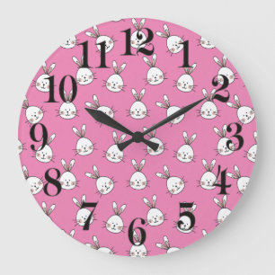 Grande Horloge Ronde Cute Happy White Easter Bunny on Pink