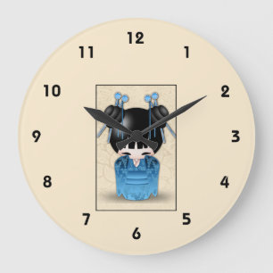 Grande Horloge Ronde Cute Japanese Kokeshi Doll Dressed In Blue